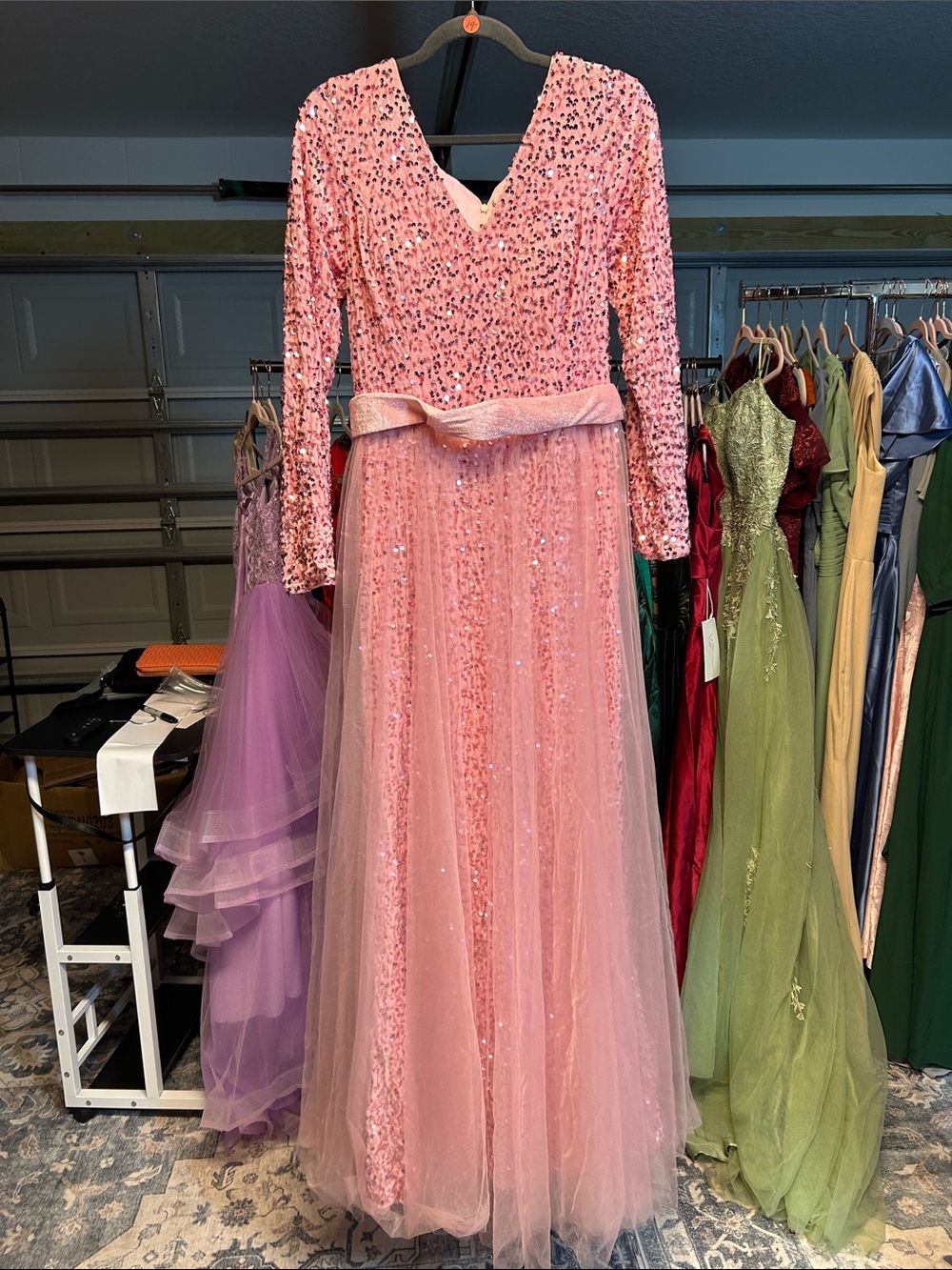 Pink Sequin Long Sleeve V-Neck Evening Gown